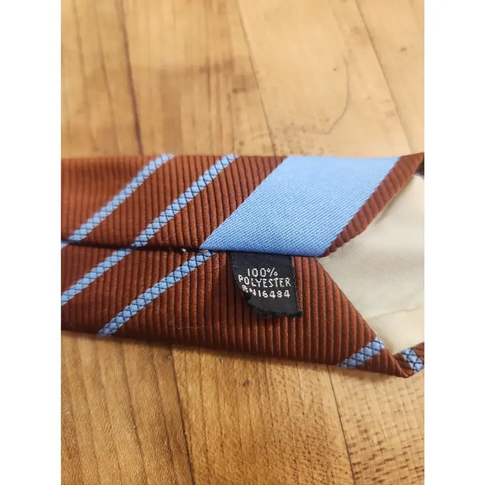 Vintage 70s Sears Mens Store Tie Rust Brown Blue Stripe Polyester Necktie